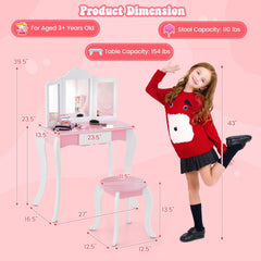 Kid's Wooden Vanity Table and Stool Set, with 3-Panel Acrylic Mirror-White