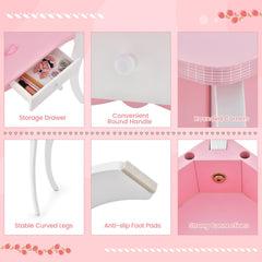 Kid's Wooden Vanity Table and Stool Set, with 3-Panel Acrylic Mirror-White