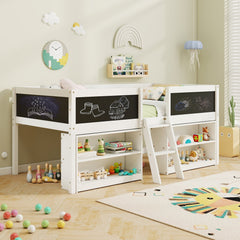 Kid Twin Size Low Loft Bed with Chalkboard Ramp Ladder and Bookcases-White