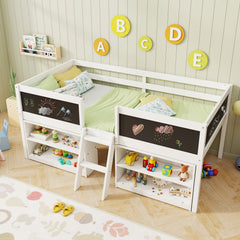 Kid Twin Size Low Loft Bed with Chalkboard Ramp Ladder and Bookcases-White