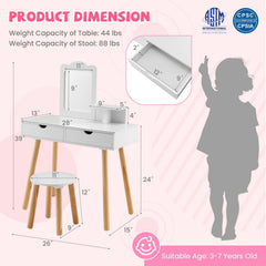 Kid Vanity Table Chair Set with Mirror and 2 Large Storage Drawers-White