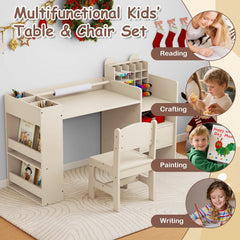 Kids Art Table and Chair Set with Detachable Paper Roll Holder and Cabinet-Natural