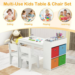 Kids Art Table and Chairs Set with 2 Chairs and Paper Roll-White