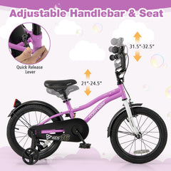 16 Inch Kids Bike with Reflectors, Bell and Detachable Training Wheels, Purple