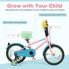 16 Inch Kids Bike with Adjustable Saddle, Reflectors and Training Wheels, Pink