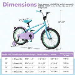 18 Inch Kids Bike with Adjustable Saddle, Kickstand and Reflectors, Mint and Lilac