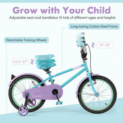 18 Inch Kids Bike with Adjustable Saddle, Kickstand and Reflectors, Mint and Lilac