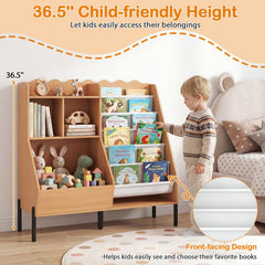 Kids Bookshelf and Toy Storage Organizer Wooden Bookcase with 5 Fabric Pockets-Natural