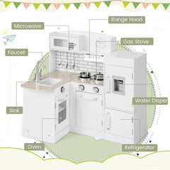 White Corner Play Kitchen for Kids with Detachable Fridge, Water Dispenser and Cookware