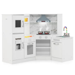 White Corner Play Kitchen for Kids with Separate Washing Basin and Rainbow Tap