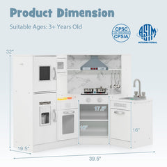 White Corner Play Kitchen for Kids with Separate Washing Basin and Rainbow Tap