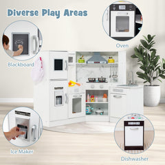 White Corner Play Kitchen for Kids with Separate Washing Basin and Rainbow Tap