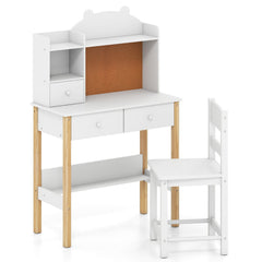 Kids Desk and Chair Set with Hutch Bulletin Board and Drawers-White