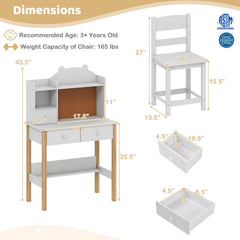 Kids Desk and Chair Set with Hutch Bulletin Board and Drawers-White