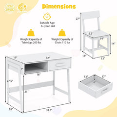 Kids Desk and Chair Set with Storage Drawer and Hutch-White