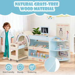 Kids Doctor Play Set Wooden Pretend Hospital Office Kit with Eye Chart Toy CT Machine-Blue