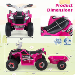 6V Kids Electric ATV Quad with Trailer, Backrest Seat and Seat Safety Lock, Rose Red