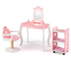 Kids Hair Salon Play Set with LED Lighted Mirror Wooden Pretend Hair Salon Station with Swivel Barber Chair-Pink