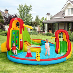 Inflatable Water Park with Long and Short Slides, Lounge Chair and Climbing Wall, No Blower