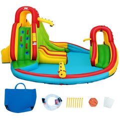 Inflatable Water Park with Long and Short Slides, Lounge Chair and Climbing Wall, No Blower