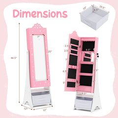 Kids Jewelry Armoire Freestanding Jewelry Cabinet with 3-Color Lighted Full Length Mirror-Pink