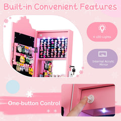Kids Jewelry Armoire Freestanding Jewelry Cabinet with 3-Color Lighted Full Length Mirror-Pink