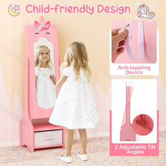 Kids Jewelry Cabinet with Full-Length Mirror for Kids Bedroom and Playroom-Pink