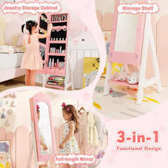 Kids Jewelry Organizer with Full Length Mirror Drawers and Storage Shelves-Pink