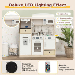 Wooden Play Kitchen for Kids with Remote Control LED Light Bar and Fabric Bins