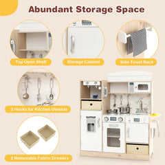 Wooden Play Kitchen for Kids with Remote Control LED Light Bar and Fabric Bins