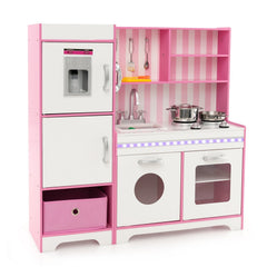 Pink Play Kitchen with LED Light Bar, Ice Maker, Washing Machine and Fabric Bin