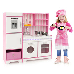 Pink Play Kitchen with LED Light Bar, Ice Maker, Washing Machine and Fabric Bin
