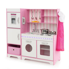 Pink Play Kitchen with LED Light Bar, Ice Maker, Washing Machine and Fabric Bin