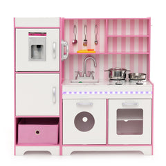 Pink Play Kitchen with LED Light Bar, Ice Maker, Washing Machine and Fabric Bin