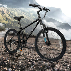 24 Inch Kids Mountain Bike with Shimano 6 Speed and Suspension Fork, Black