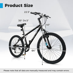 24 Inch Kids Mountain Bike with Shimano 6 Speed and Suspension Fork, Black