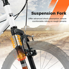 24 Inch Kids Mountain Bike with Shimano 6 Speed and Suspension Fork, White