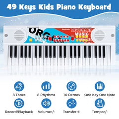 Kids Piano Keyboard 49 Keys Portable Electric Keyboard Piano with 8 Rhythms 8 Tones-White