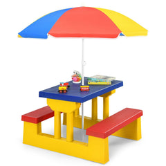 Kids Folding Picnic Table and Bench Set with Umbrella, Blue, Yellow and Red