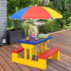 Kids Folding Picnic Table and Bench Set with Umbrella, Blue, Yellow and Red
