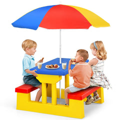 Kids Folding Picnic Table and Bench Set with Umbrella, Blue, Yellow and Red