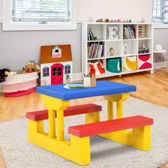 Kids Folding Picnic Table and Bench Set with Umbrella, Blue, Yellow and Red