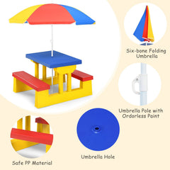 Kids Folding Picnic Table and Bench Set with Umbrella, Blue, Yellow and Red