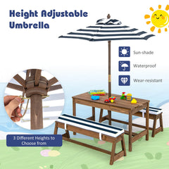 Kids Picnic Table and Bench Set with Cushions and Height Adjustable Umbrella-Blue