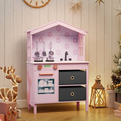 Kids Play Kitchen Children Toy Kitchen Playset with 2 Stoves and Rotation Knobs-Pink