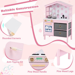 Kids Play Kitchen Children Toy Kitchen Playset with 2 Stoves and Rotation Knobs-Pink