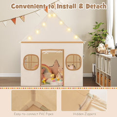 Kids Play Tent Large Playhouse with Door Curtain and Windows Star Lights-Coffee
