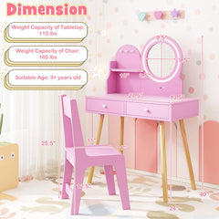 Kids Princess Makeup Dressing Desk and Chair Set with Mirror and Lights-Pink