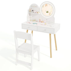 Kids Princess Makeup Dressing Desk and Chair Set with Mirror and Lights-White