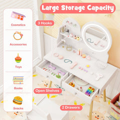 Kids Princess Makeup Dressing Desk and Chair Set with Mirror and Lights-White